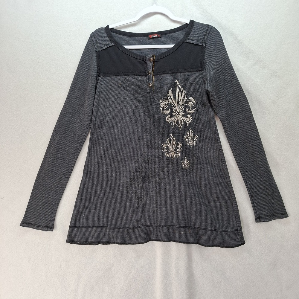 T Party Washed Black Thermal Knit Thermal Henley Top Y2K Womens SZ L Slim Retro